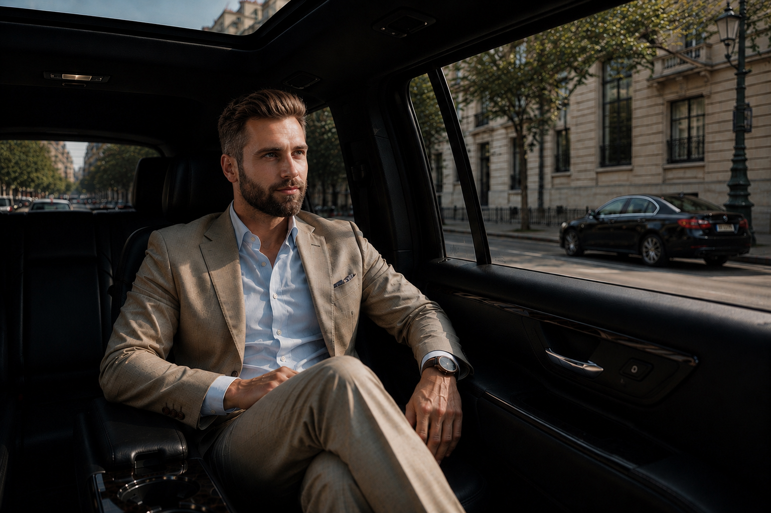 Executive passenger in luxury black SUV rear cabin, arriving at The Langham Boston